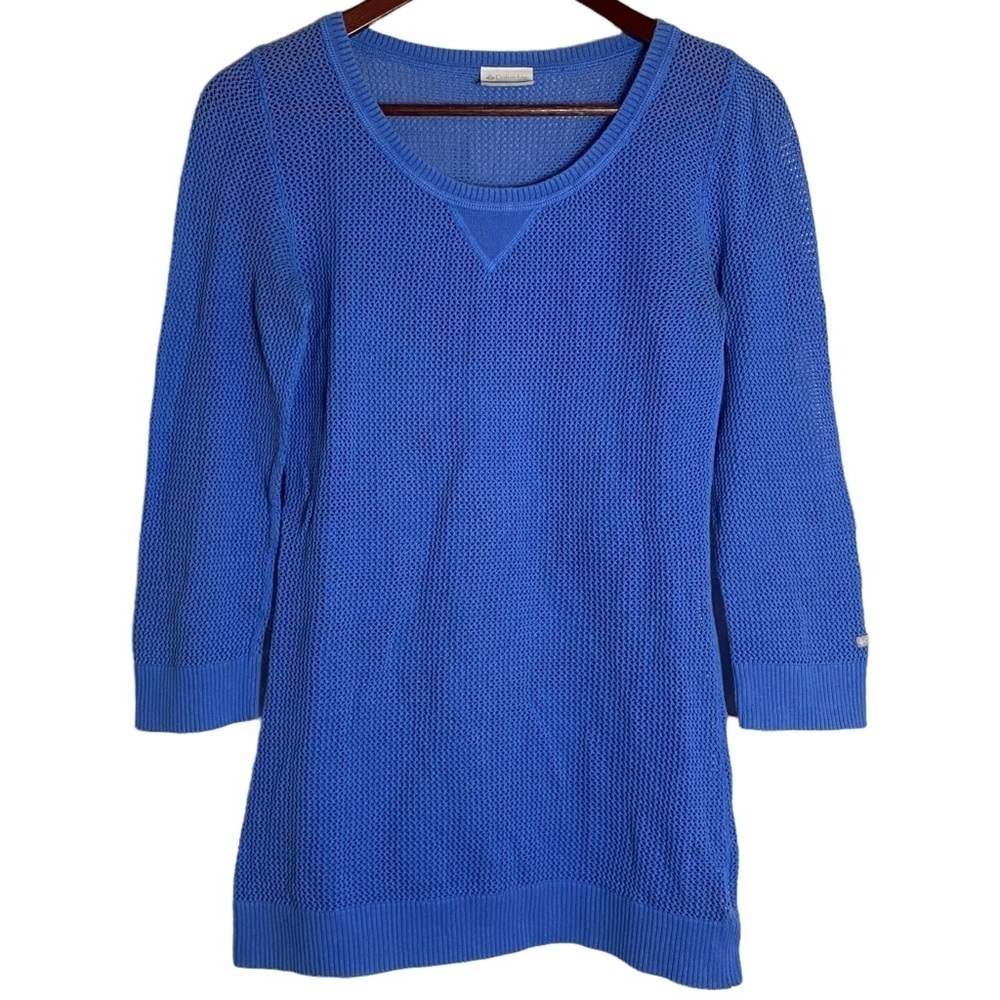 Columbia Blue Mesh Knit 3/4 Sleeve Cotton Top Small